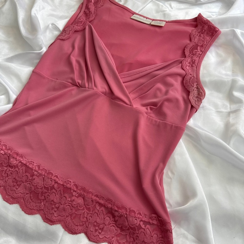 Worthington Rose Pink Lace Trim Surplice Sleeveless Top Blouse Medium - Picture 3 of 4